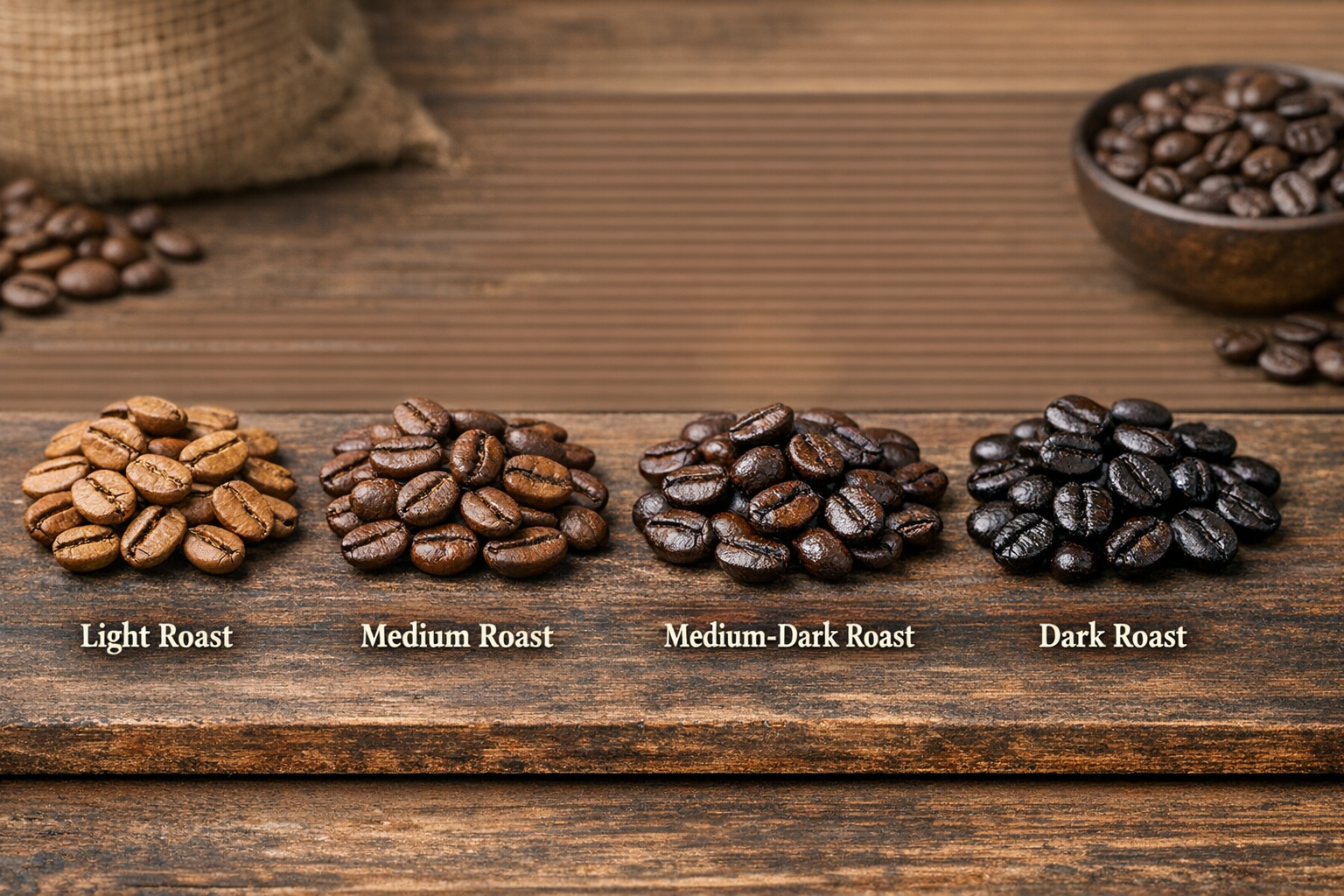 Coffee roast levels from light to dark
