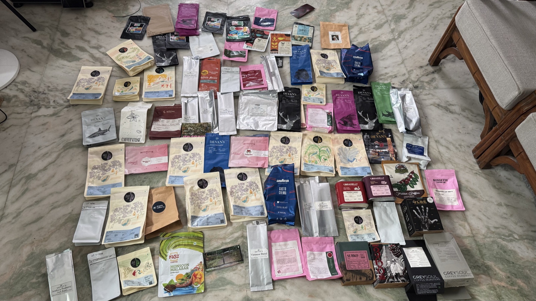 Shashank's collection of coffee bags from several years of brewing